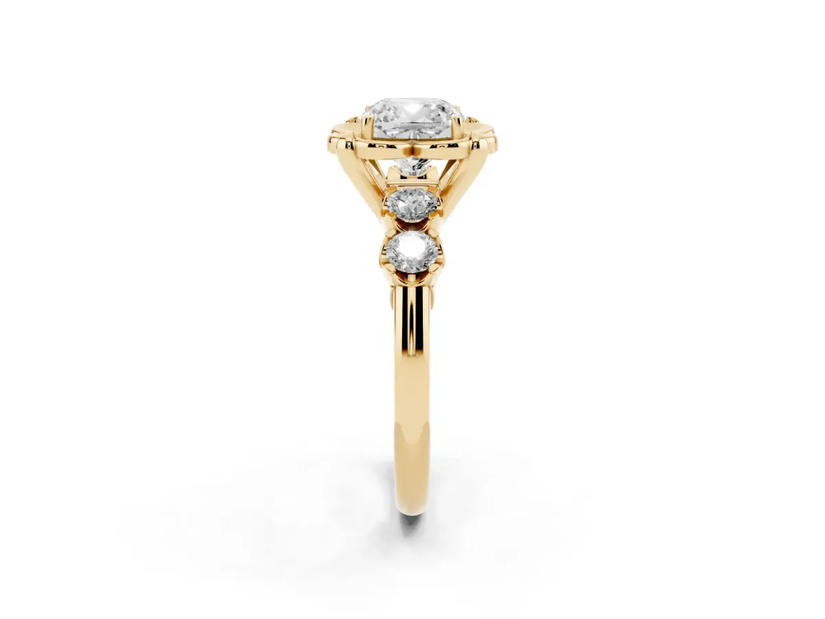 Cushion Cut Cut Diamond Floral Halo Engagement Ring with Shared Prong Setting Yellow gold