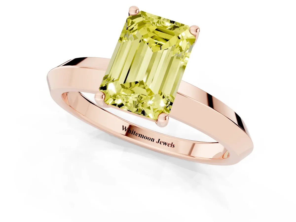 Fancy Yellow Emerald Cut Cut Solitaire Engagement Ring with Flat Band and Four-Prong Setting Rose gold