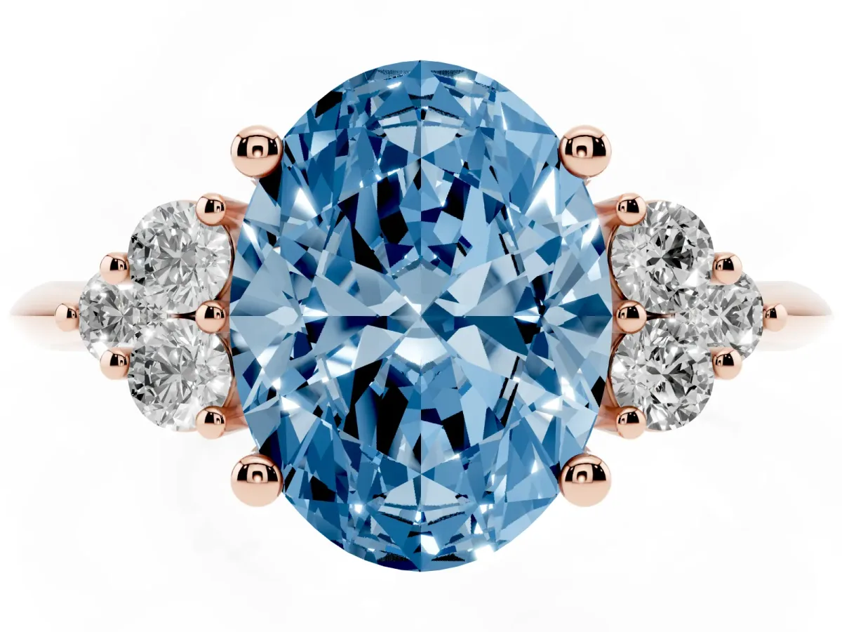 Fancy Blue Oval Cut Cut Diamond Cluster Ring with Solitaire Band and Four-Prong Setting Rose gold