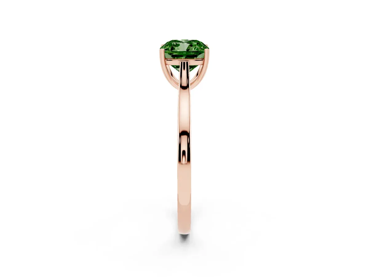 Fancy Green Cushion Cut Solitaire Heart Prong Engagement Ring with Tapered Band Rose gold