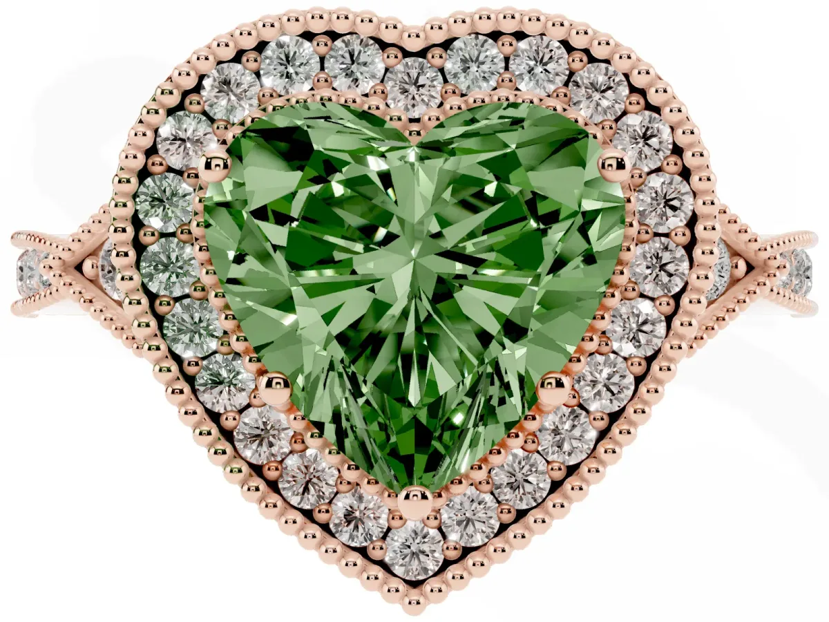 Fancy Green Heart Cut Halo Round Diamond Milgrain Pave Engagement Ring Rose gold