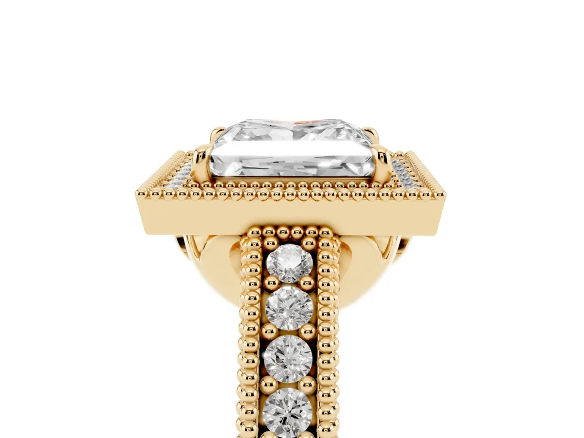 Princess Cut Cut Halo Diamond Ring with Pavé Band and Four-Prong Setting Yellow gold