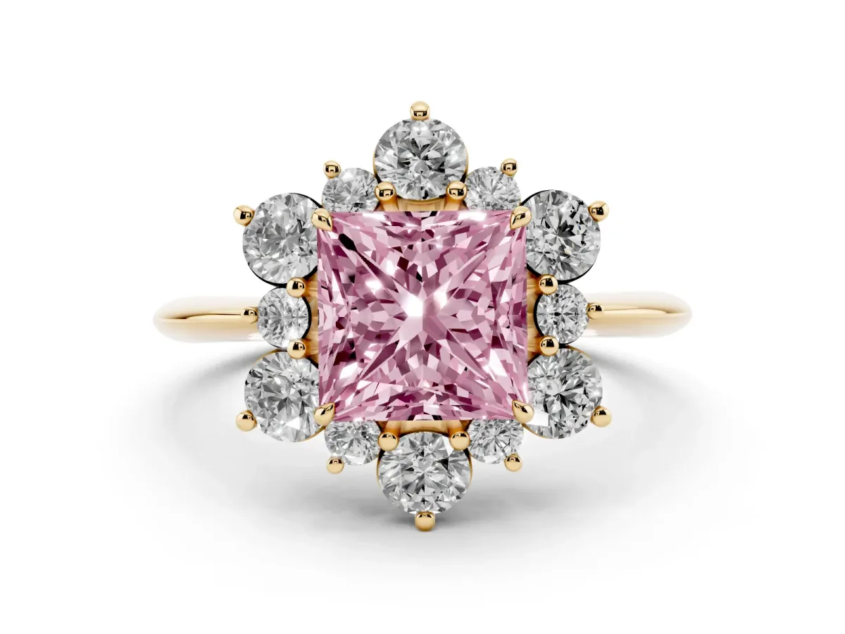 Fancy Pink Princess Cut Diamond Cluster Halo Ring with Solitaire Band and Four-Prong Setting Yellow gold