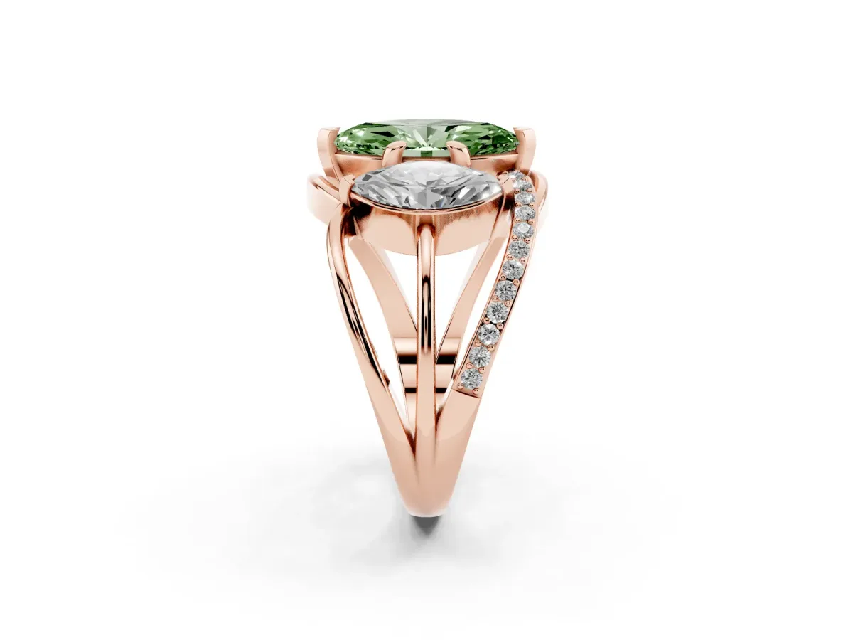 Fancy Green Three-Stone Marquise Cut Cut Diamond Split Shank Prong Set Ring Rose gold
