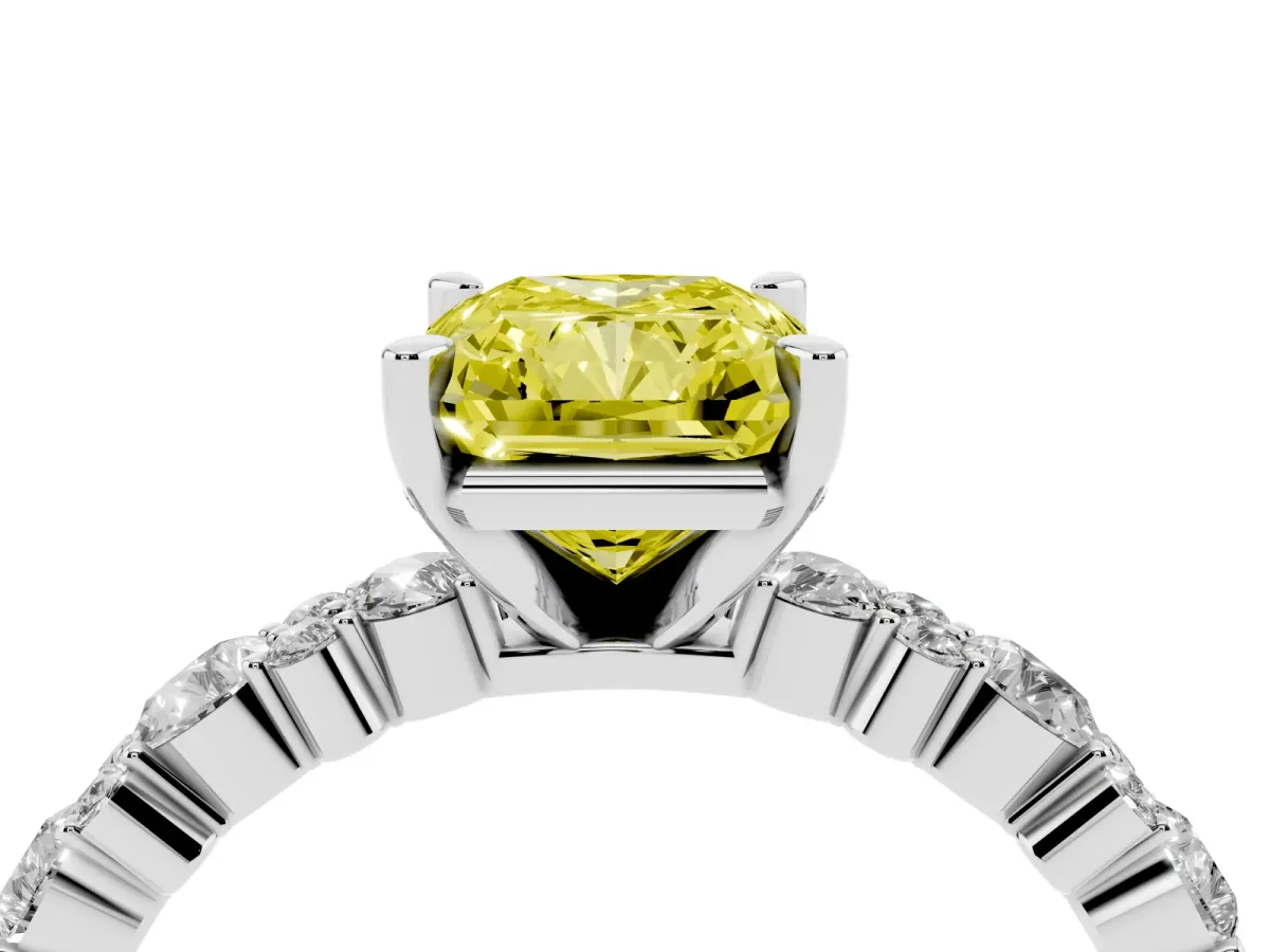 Fancy Yellow Radiant Cut Diamond Side Stone Solitaire Ring with Round and Four-Prong Setting Silver