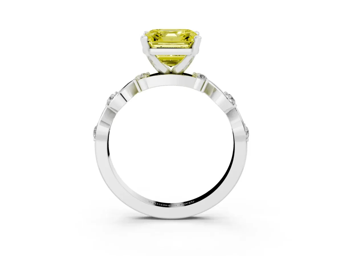 Fancy Yellow Asscher Cut Diamond Solitaire Twisted Band with Round Accents and Prong Setting Platinum
