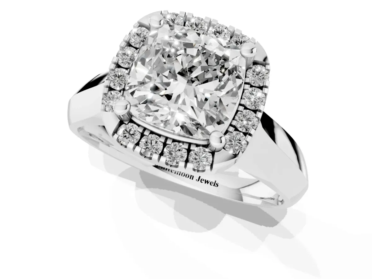 Cushion Cut Cut Halo Solitaire Engagement Ring with Square Band and Four-Prong Setting Silver