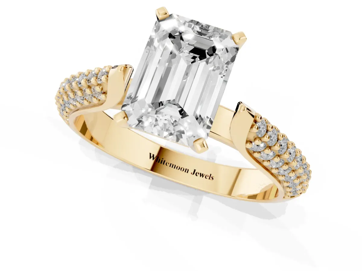 Emerald Cut Diamond Solitaire Engagement Ring with Multi-Row Round Pavé Band and Prong Setting Yellow gold