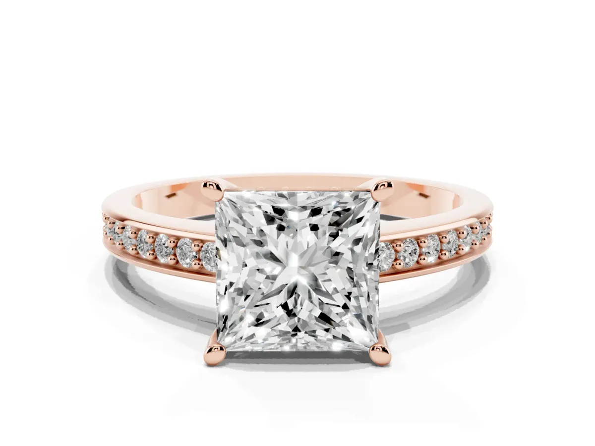Princess Cut Solitaire Pavé Band Prong Setting Ring Rose gold