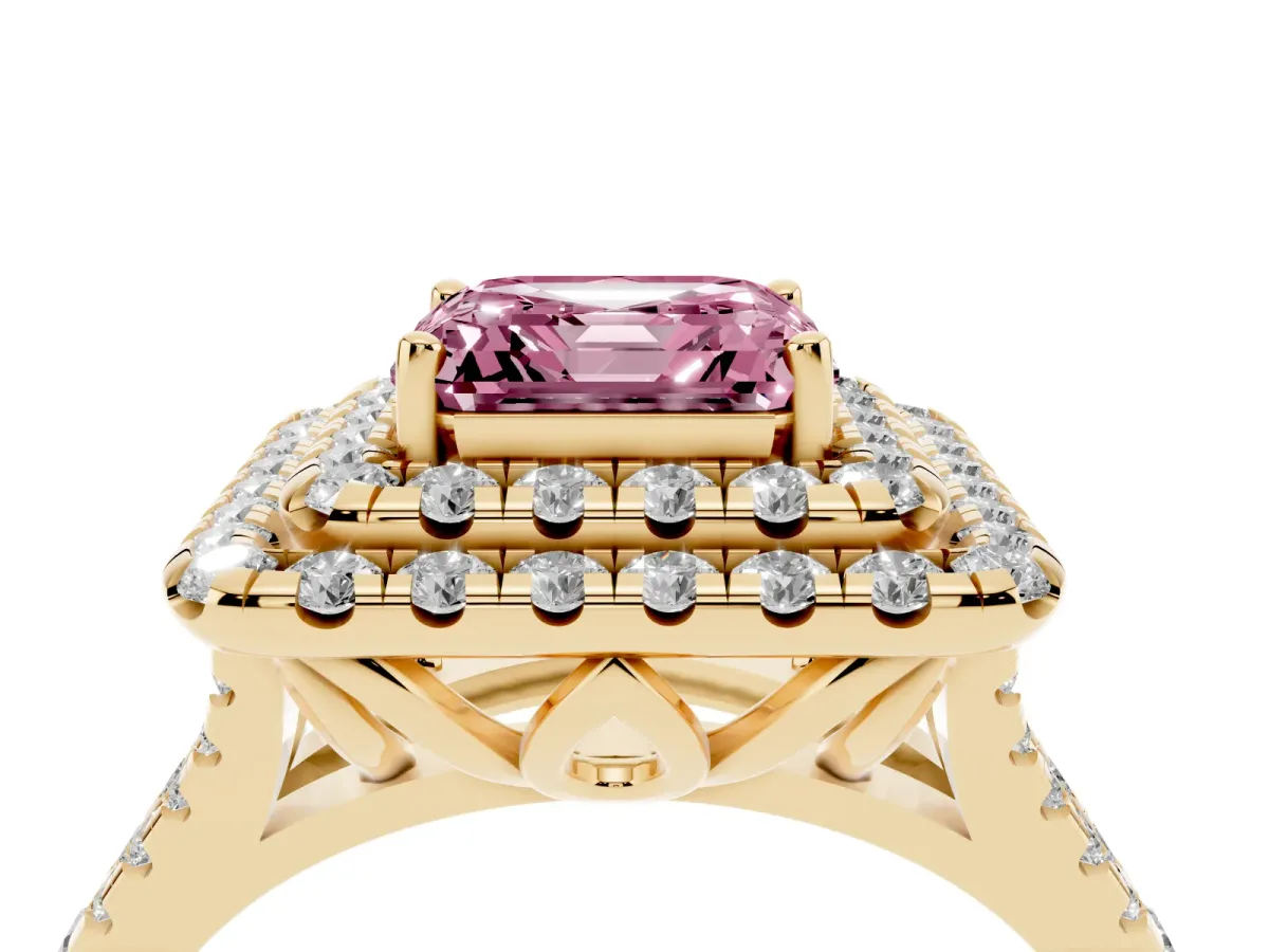 Fancy Pink Double Halo Asscher Cut Diamond Pavé Split Shank Ring with Prong Setting Yellow gold