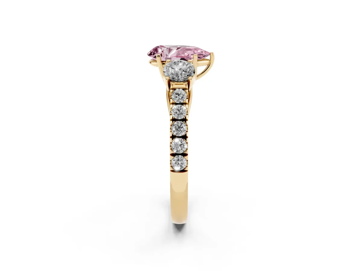 Fancy Pink Pear Cut Cut Diamond Three-Stone Ring with Round Side Stones and Pavé Band Yellow gold