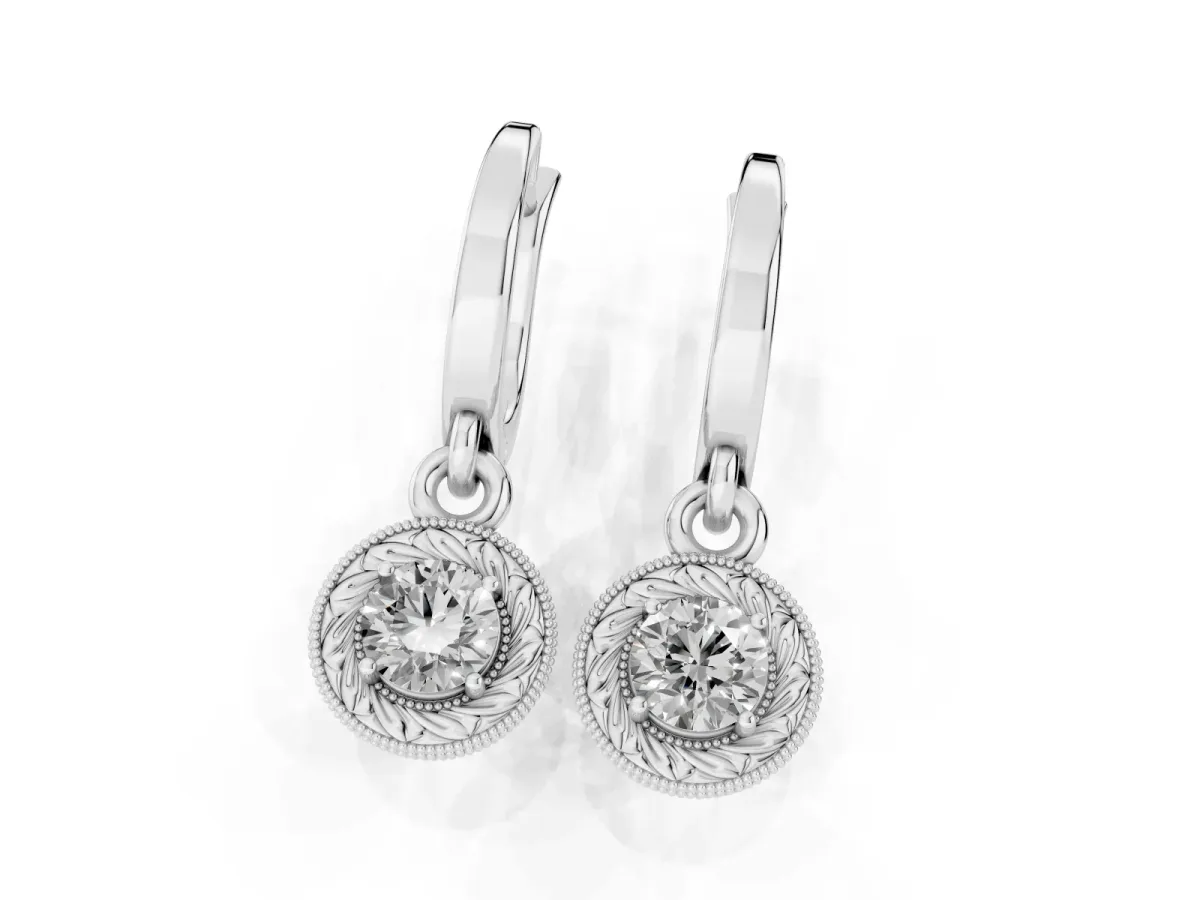 Round Cut Milgrain Bezel Set Leverback Earrings Silver