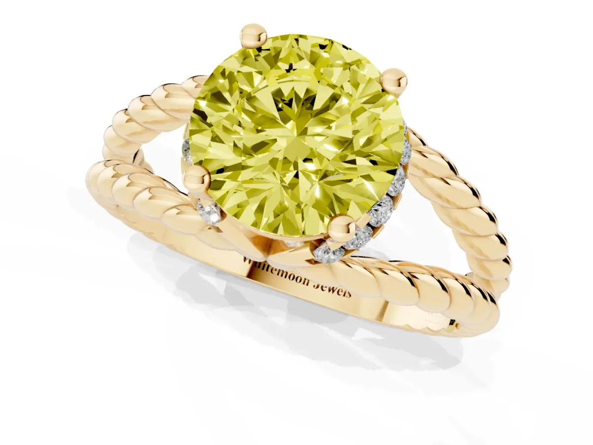 Fancy Yellow Round Cut Halo Twisted Band Four-Prong Ring Yellow gold