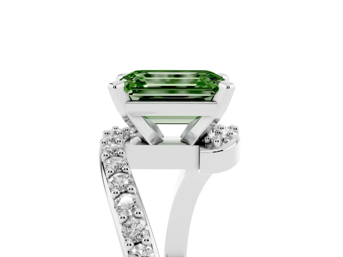 Fancy Green Emerald Cut Solitaire Twist Band with Pave Set Diamonds and Four-Prong Setting Platinum