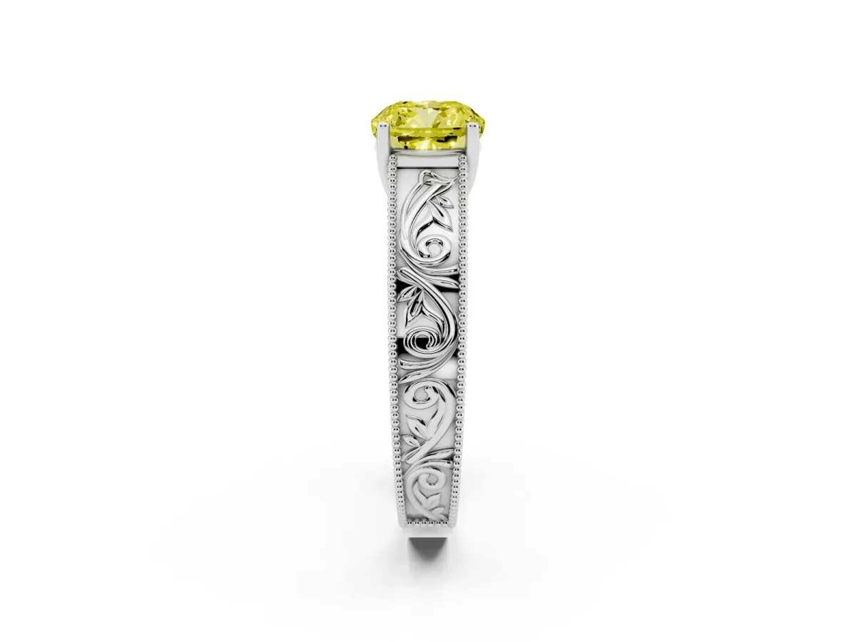Fancy Yellow Cushion Cut Diamond Solitaire Ring with Engraved Band and Four-Prong Setting Silver