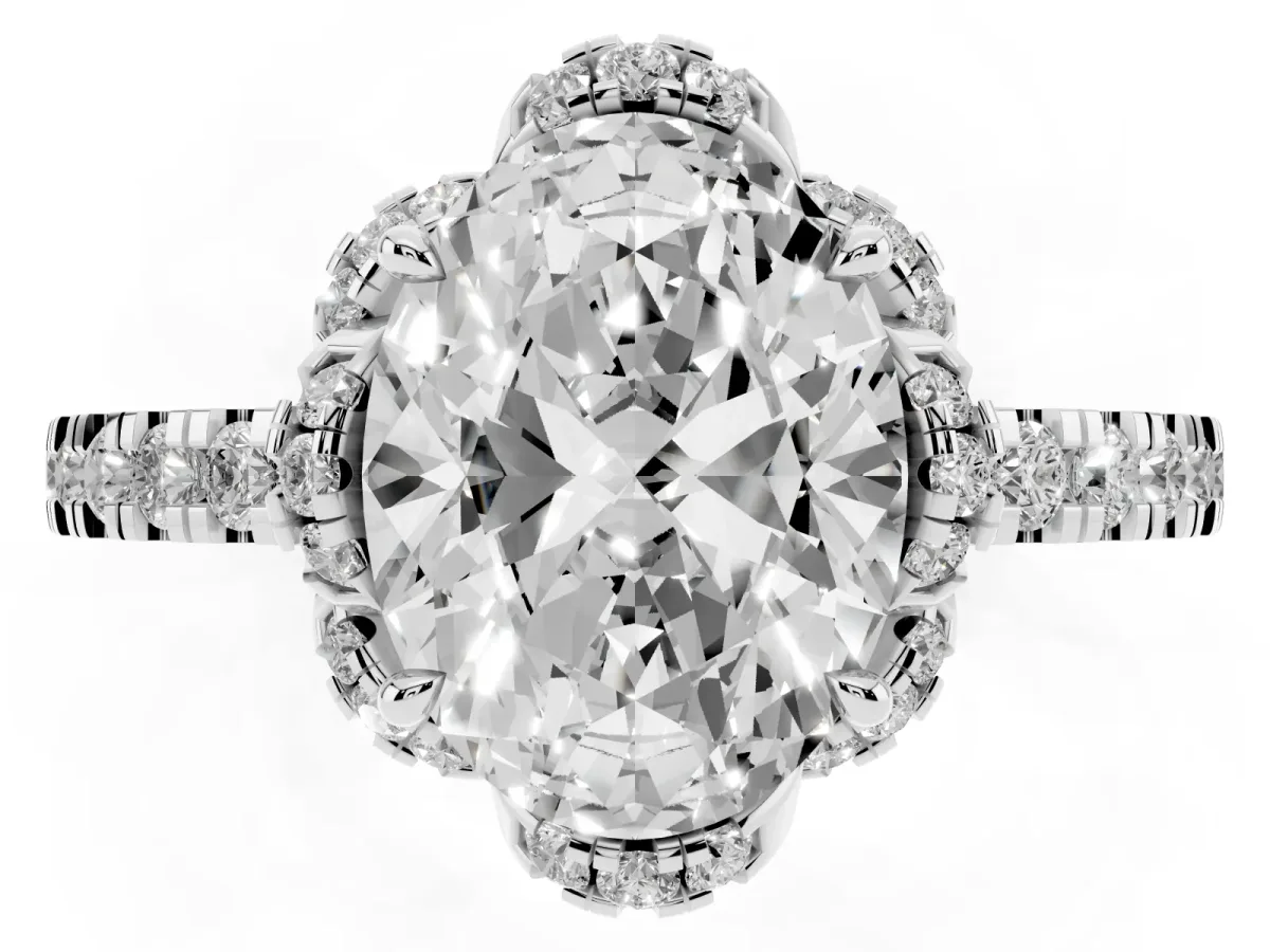 Oval Cut Halo Diamond Pave Band Ring with Four-Prong Setting Platinum