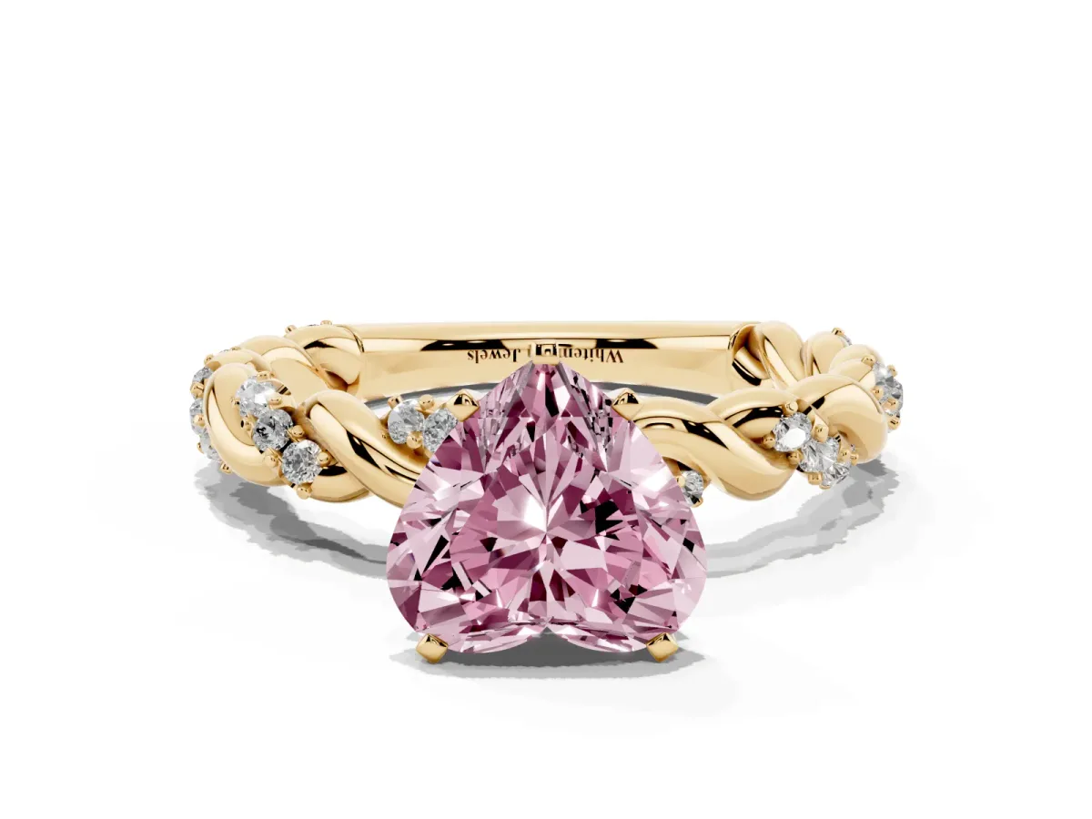 Fancy Pink Heart Cut Diamond Solitaire Ring with Twisted Band and Pavé Accents Yellow gold