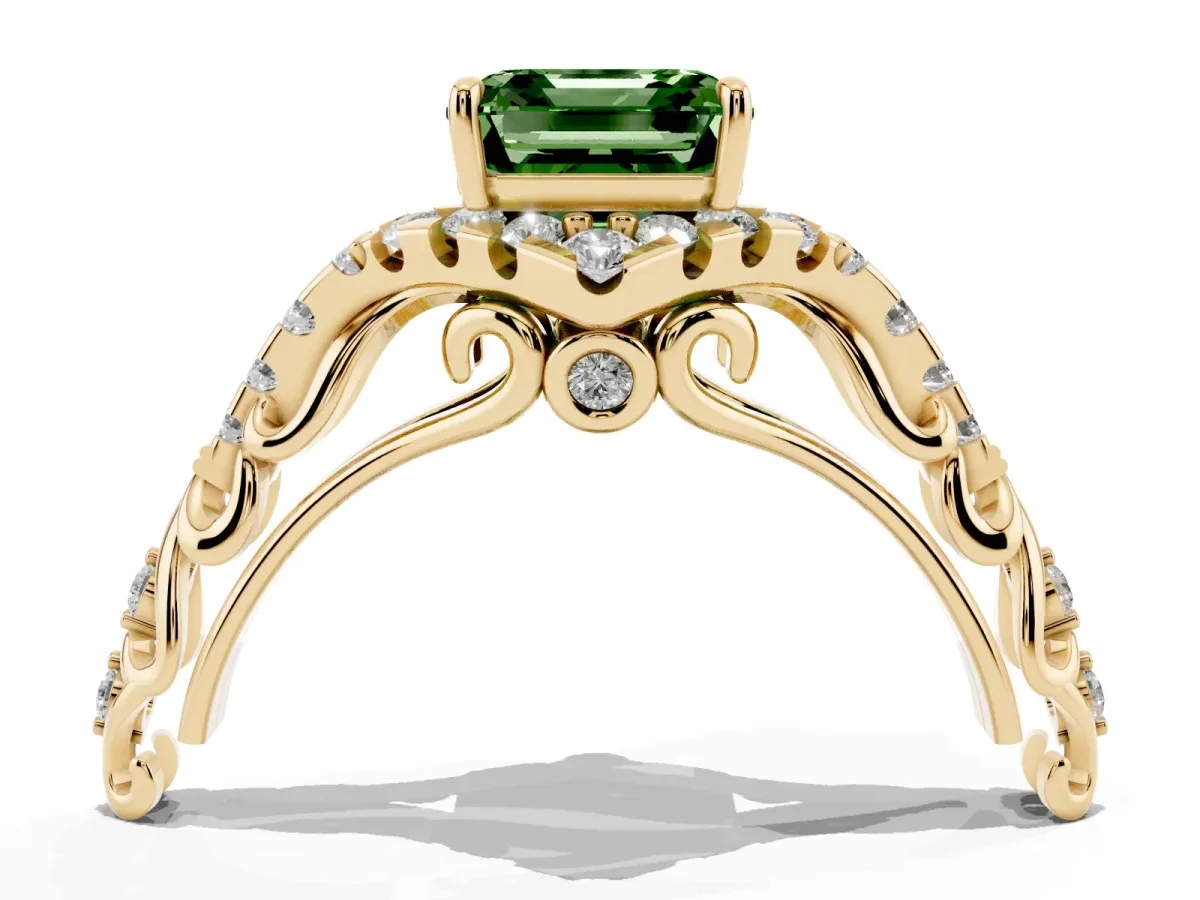Fancy Green Asscher Cut Diamond Solitaire Ring with Hidden Halo and Pavé Band Yellow gold