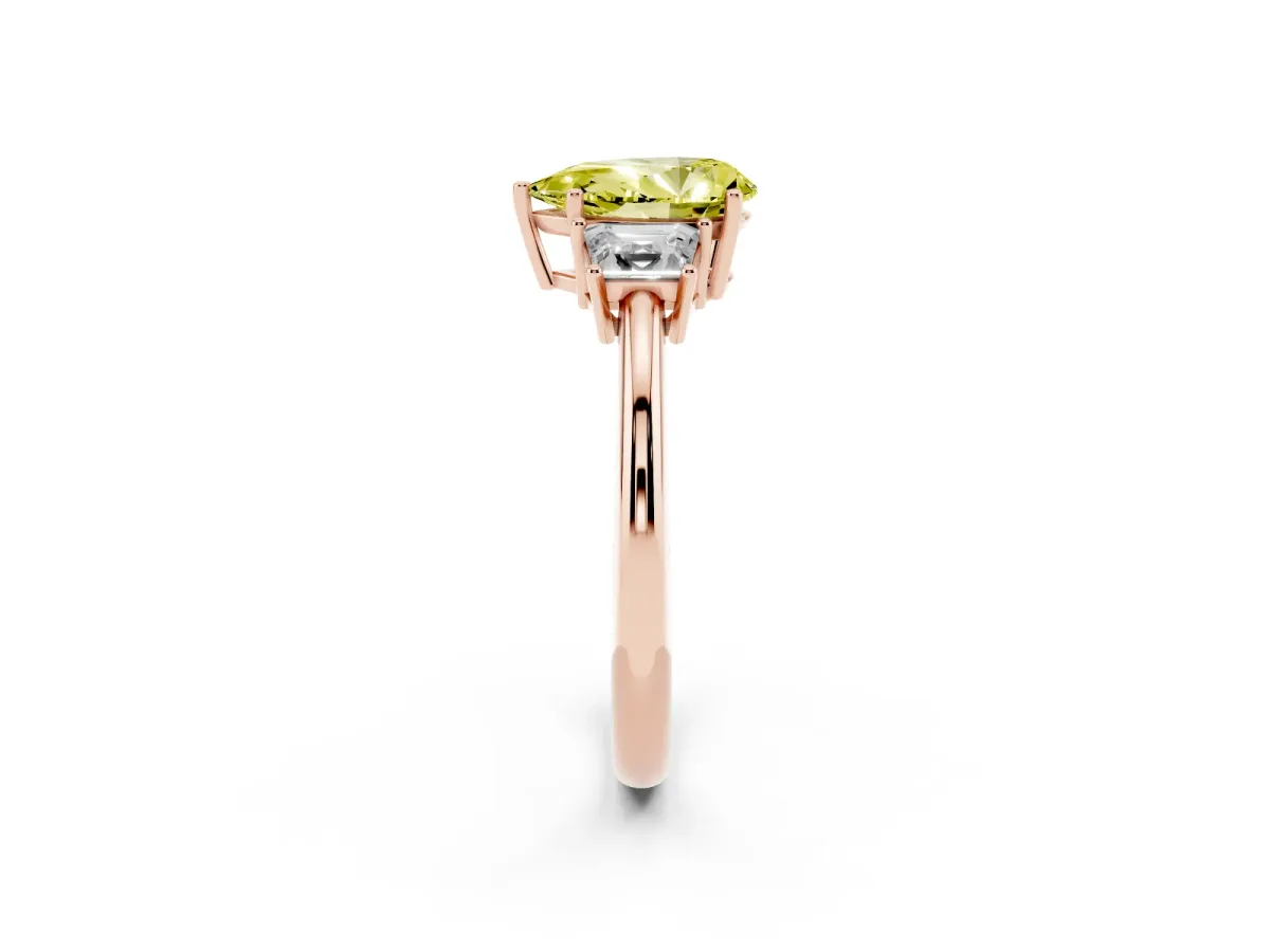 Fancy Yellow Pear Cut Diamond Three-Stone Ring with Trapezoid Side Stones and Prong Setting Rose gold