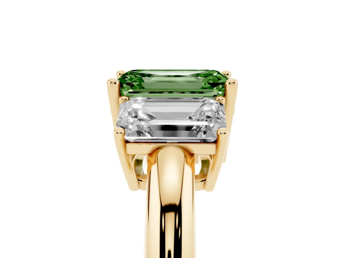 Fancy Green Three-Stone Emerald Cut Cut Diamond Engagement Ring with Prong Setting on a White Gold Band Yellow gold