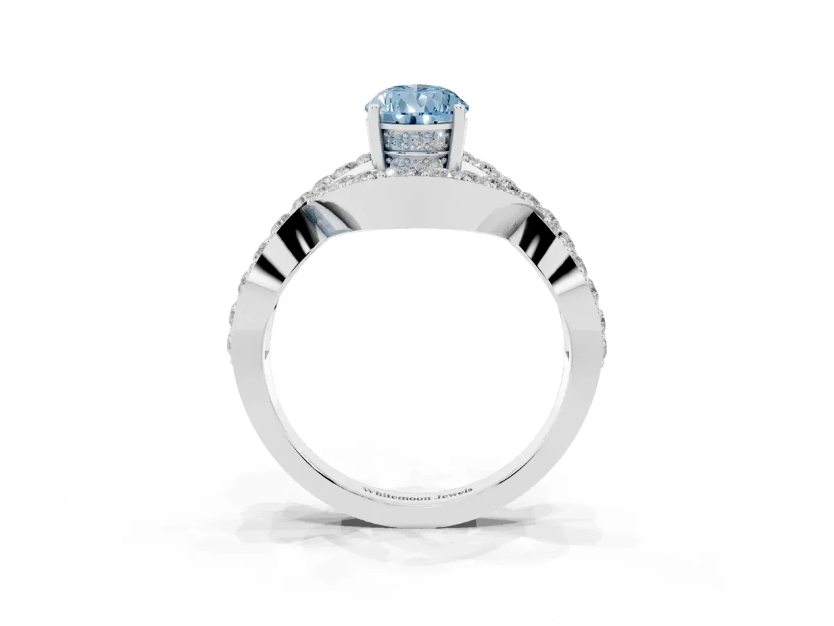Fancy Blue Pear Cut Solitaire Twist Band Pavé Diamond Engagement Ring Silver