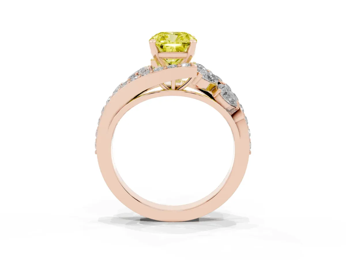 Fancy Yellow Cushion Cut Diamond Halo Ring with Marquise and Pavé Band in Prong Setting Rose gold