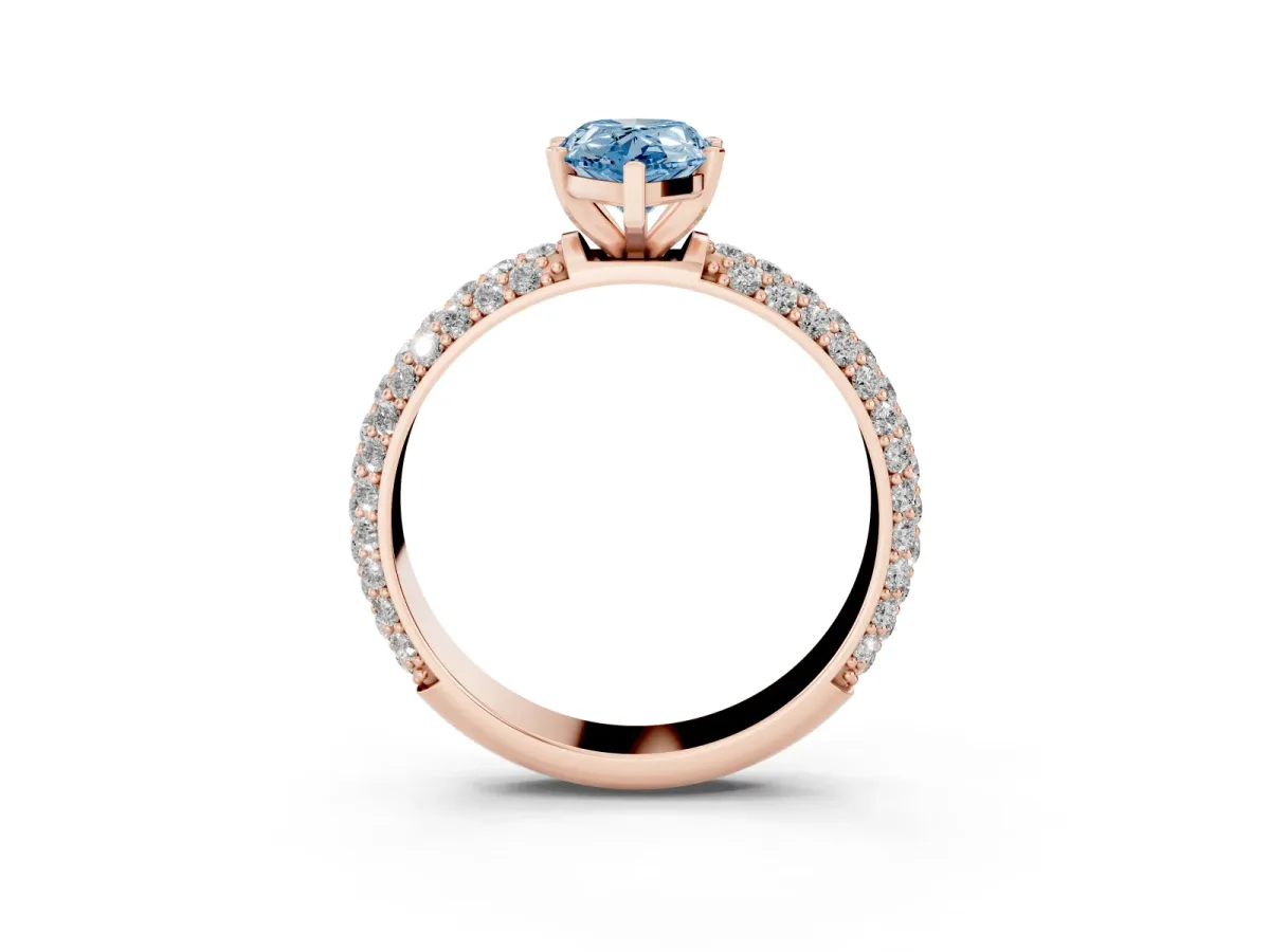 Fancy Blue Pear Cut Diamond Solitaire Ring with Prong Setting and Pavé Band Rose gold