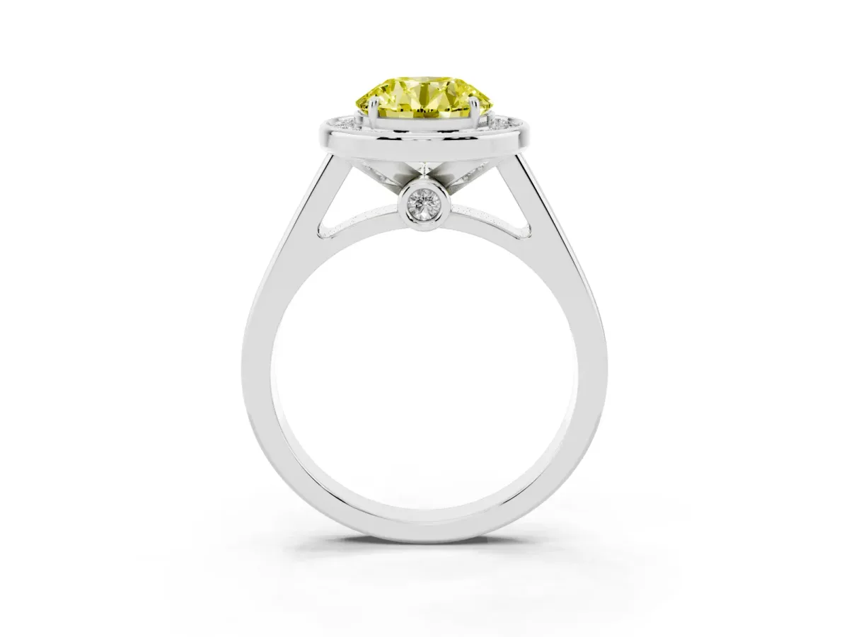 Fancy Yellow Round Cut Halo Solitaire Diamond Ring with Pave Band and Bezel Setting Silver