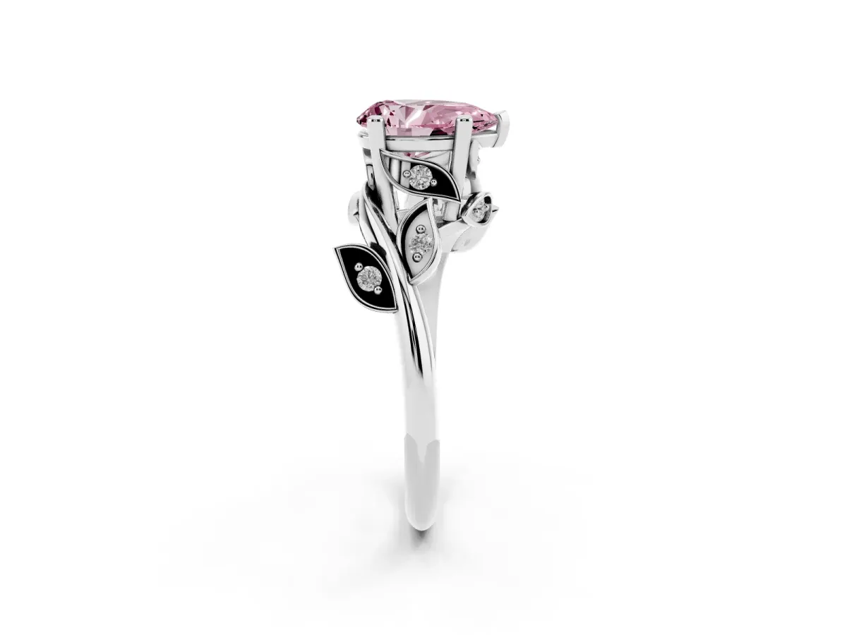 Fancy Pink Pear Cut Solitaire Twist Engagement Ring with Leaf Accents and Prong Setting Silver