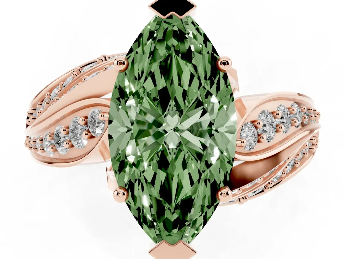 Fancy Green Marquise Cut Diamond Solitaire Ring with Prong Setting and Twisted Pavé Band Rose gold