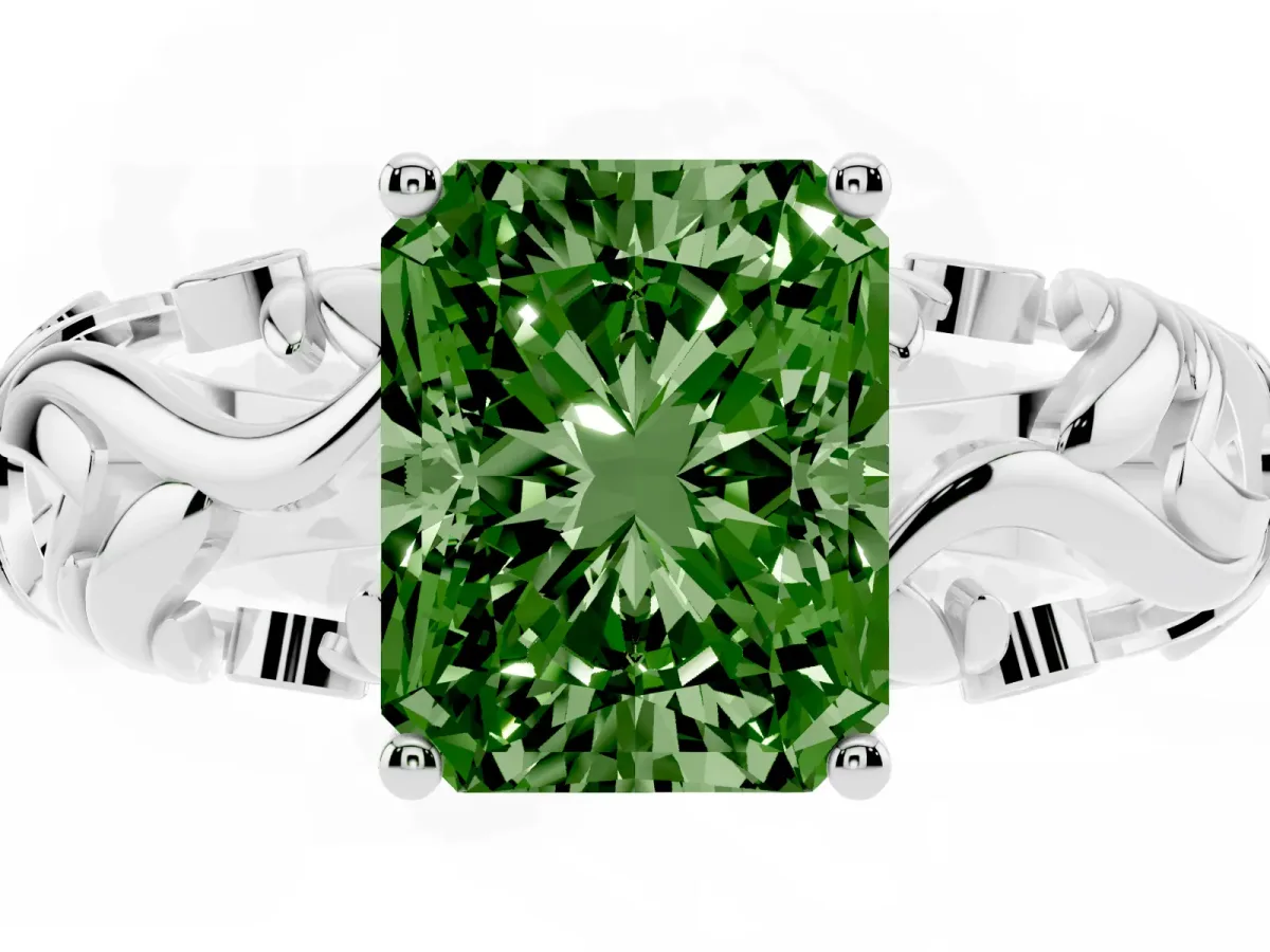 Fancy Green Radiant Cut Solitaire Diamond Leaf-Inspired Vine Band Ring with Prong Setting Silver