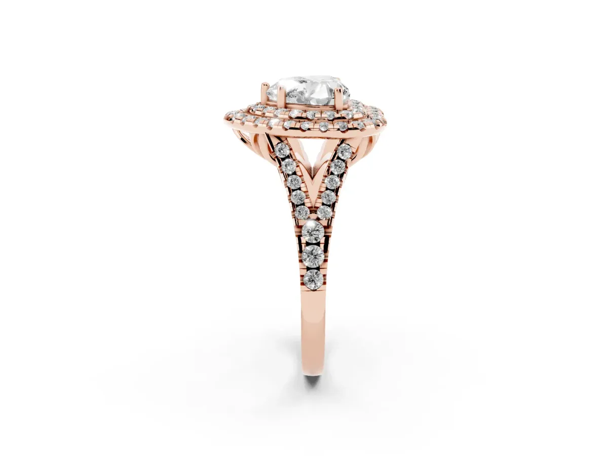 Double Halo Heart Cut Diamond Pavé Split Shank Ring with Prong Setting Rose gold