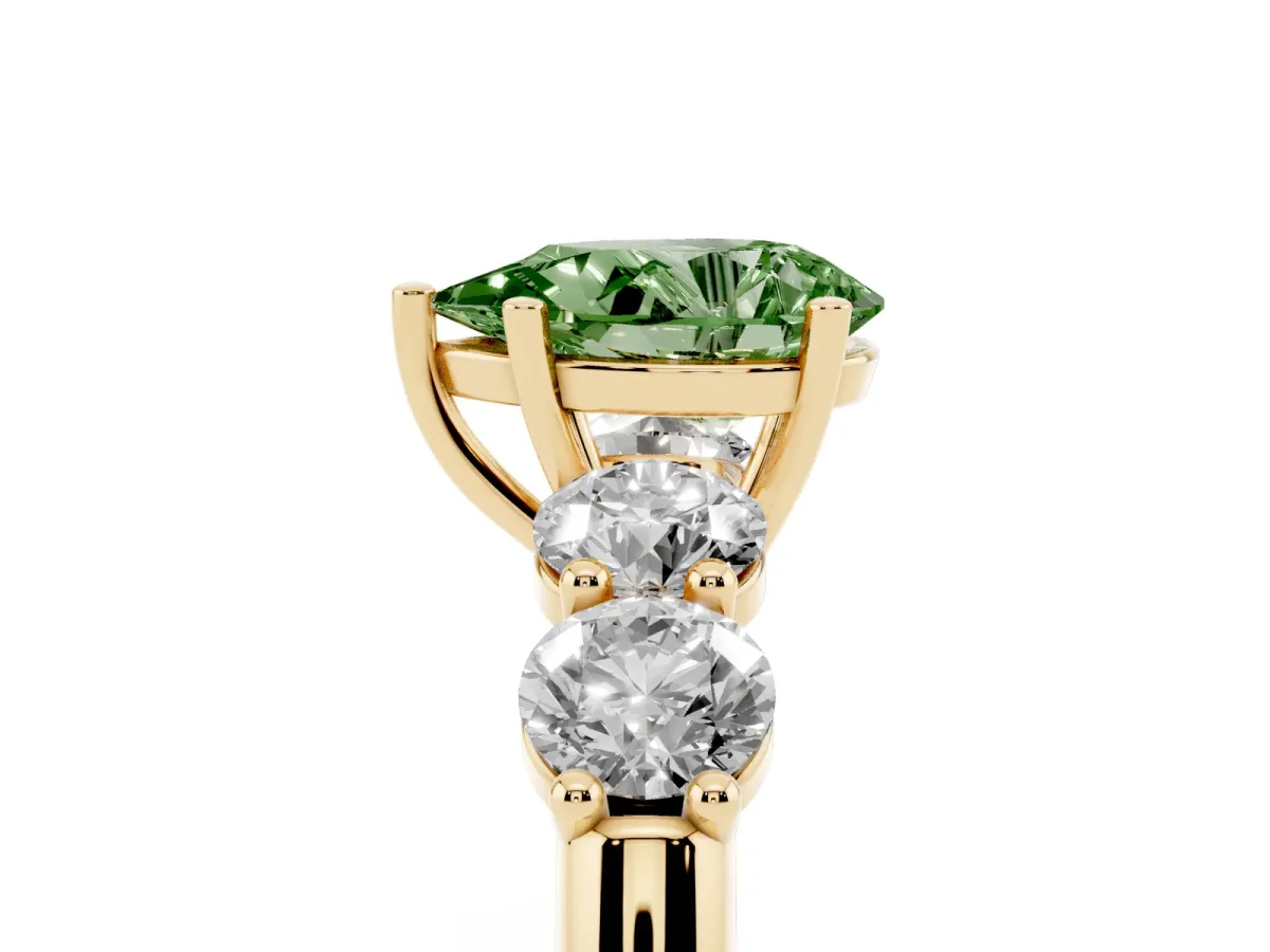 Fancy Green Pear Cut Cut Five-Stone Prong Set Diamond Ring with Classic Band Yellow gold