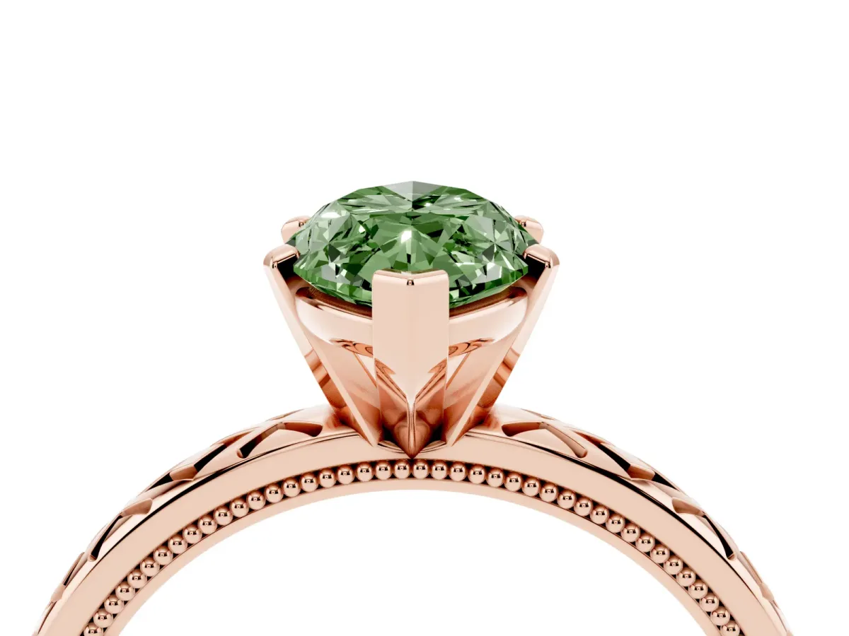 Fancy Green Marquise Cut Solitaire Diamond Ring with Milgrain and Black Enamel X Pattern Band Rose gold