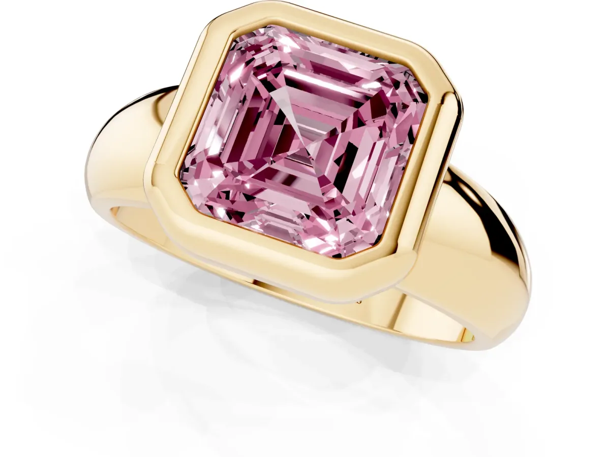 Fancy Pink Bezel Set Asscher Cut Solitaire Ring with Wide Band Yellow gold