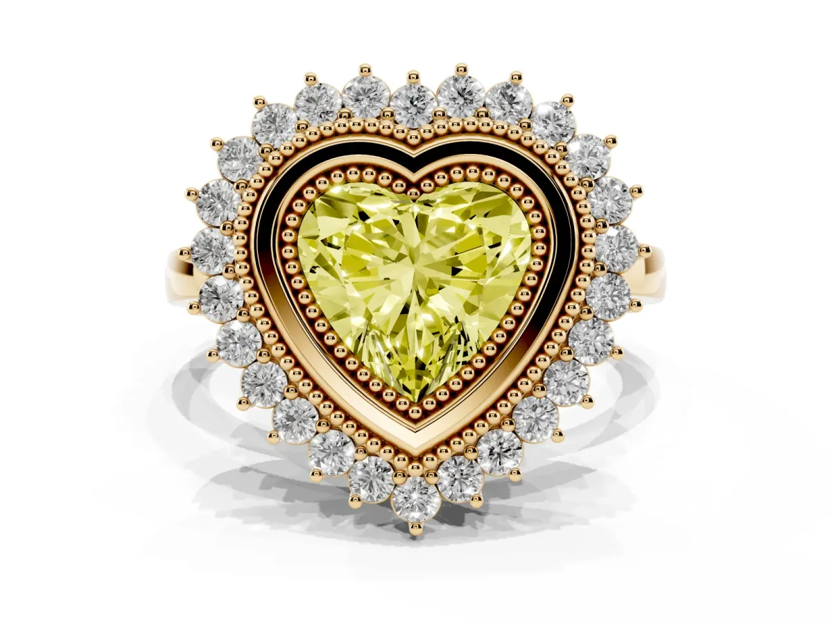 Fancy Yellow Heart Cut Halo Diamond Ring with Milgrain Edge and Round Prong Setting Yellow gold