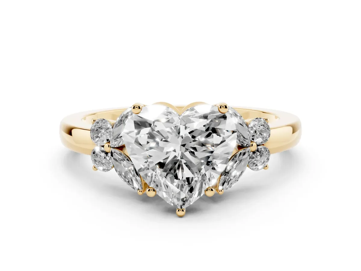 Heart Cut Cut Solitaire Floral Diamond Ring with Four-Prong Setting Yellow gold