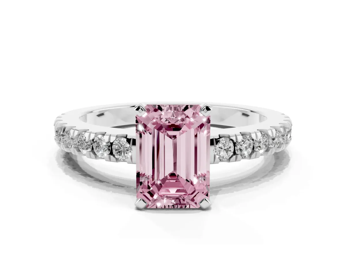 Fancy Pink Emerald Cut Solitaire Diamond with Pavé Band and Four-Prong Setting Silver