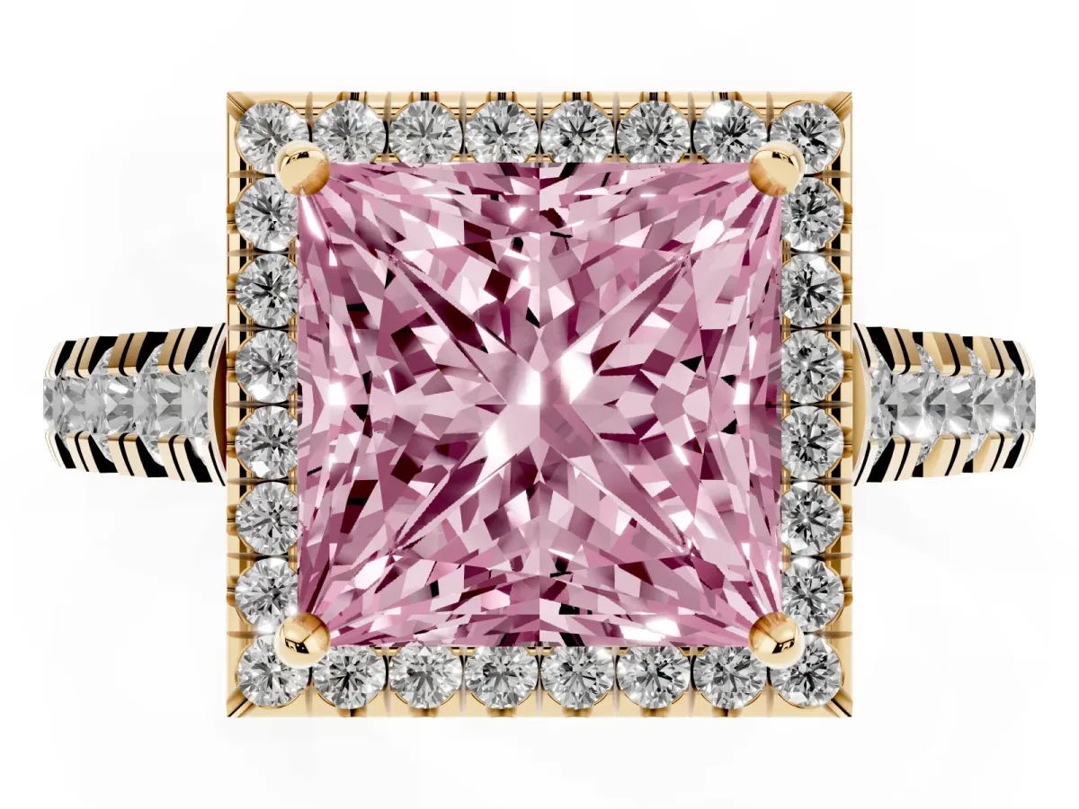 Fancy Pink Princess Cut Halo Pavé Diamond Engagement Ring with Four-Prong Setting Yellow gold