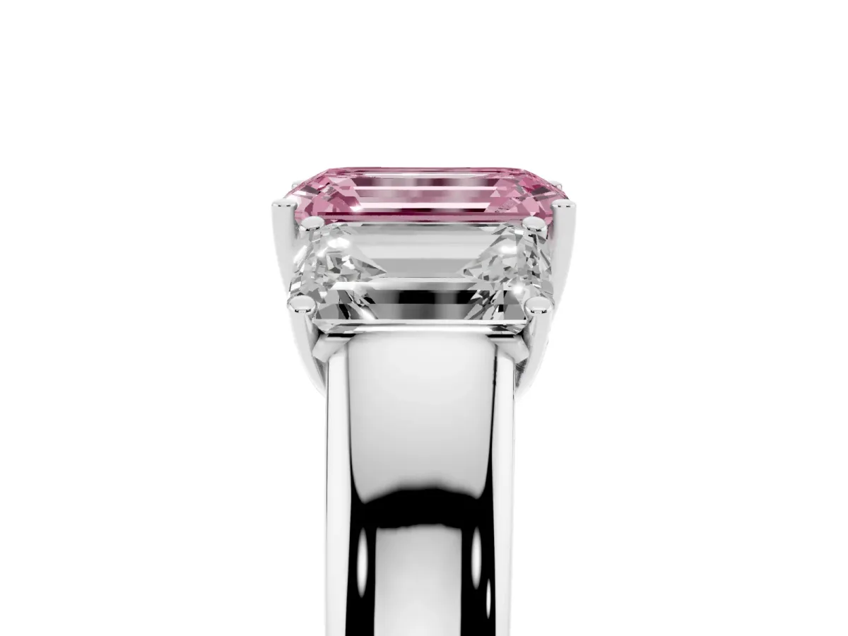 Fancy Pink Three-Stone Emerald Cut Cut Diamond Ring with Prong Setting and Classic Band Platinum