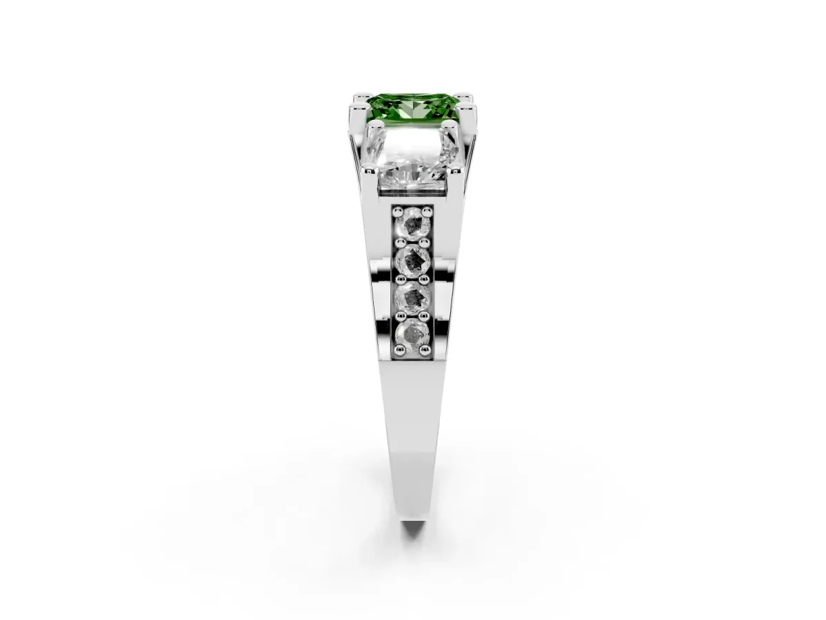 Fancy Green Princess Cut Diamond Three-Stone Ring with Channel Set Band and Four-Prong Setting Silver