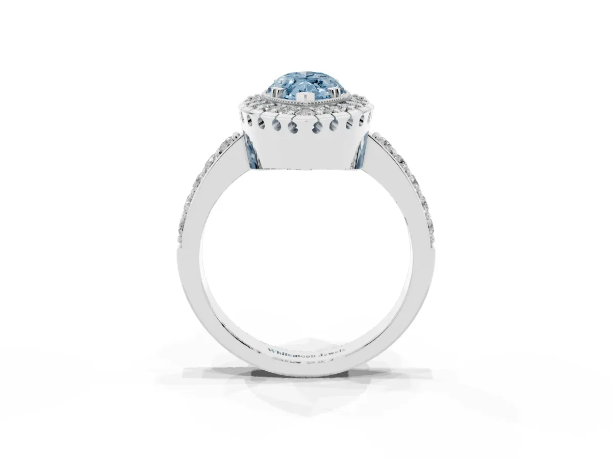 Fancy Blue Marquise Cut Diamond Halo Ring with Pavé Band and Prong Setting White gold