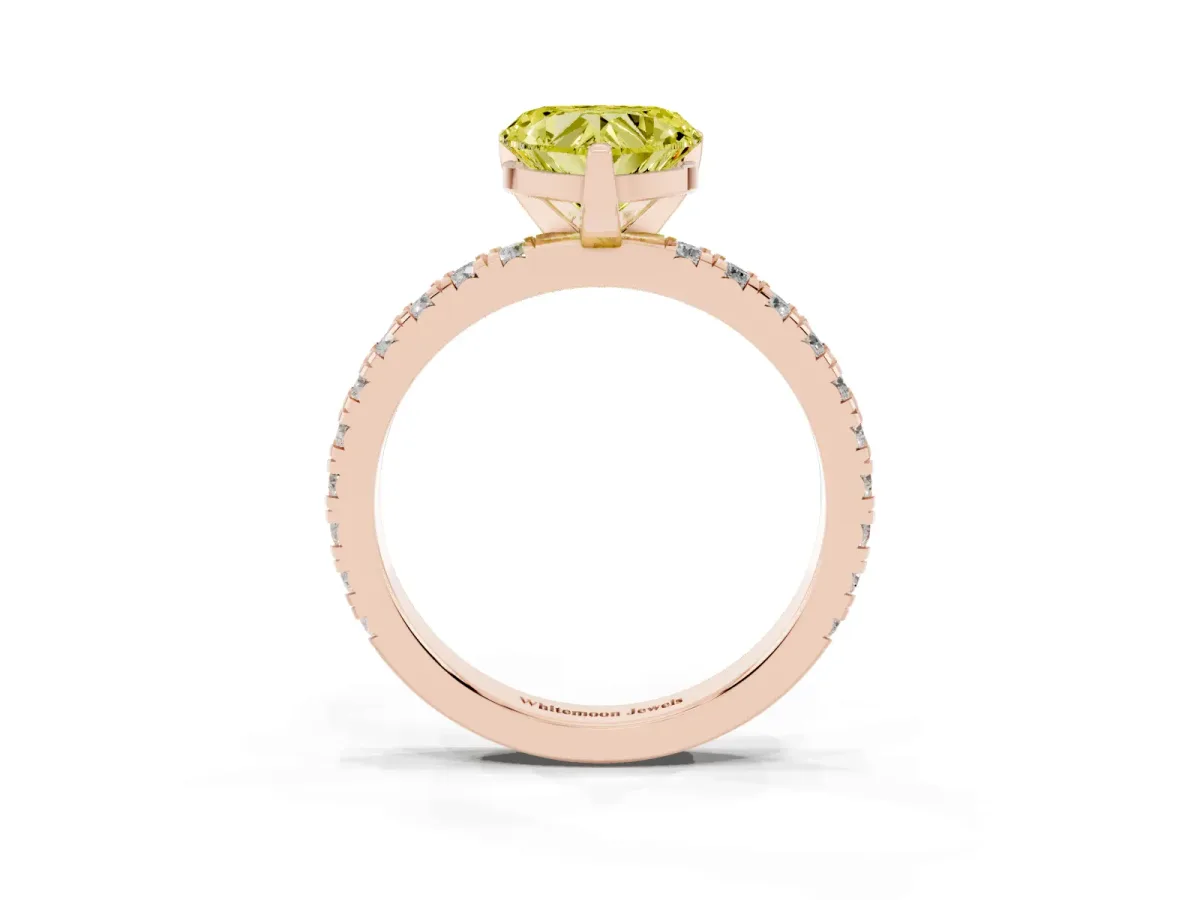 Fancy Yellow Heart Cut Diamond Pavé Band Solitaire with Four-Prong Setting Rose gold