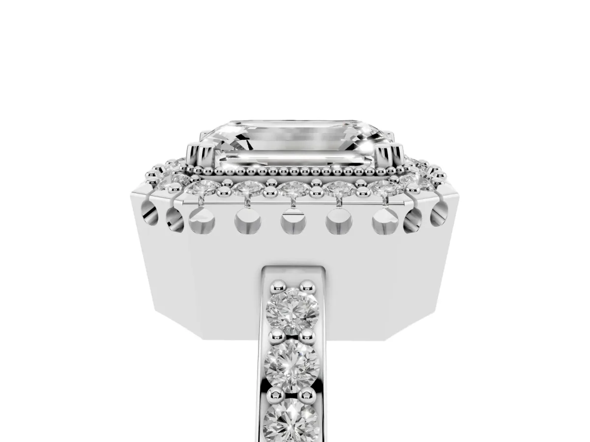 Emerald Cut Diamond Halo Ring with Pavé Band and Prong Setting Silver
