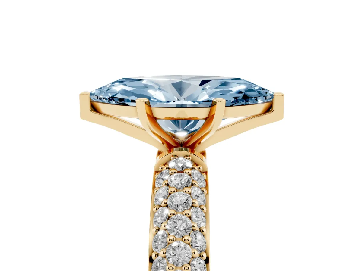 Fancy Blue Marquise Cut Diamond Solitaire Ring with Prong Setting and Pavé Band Yellow gold