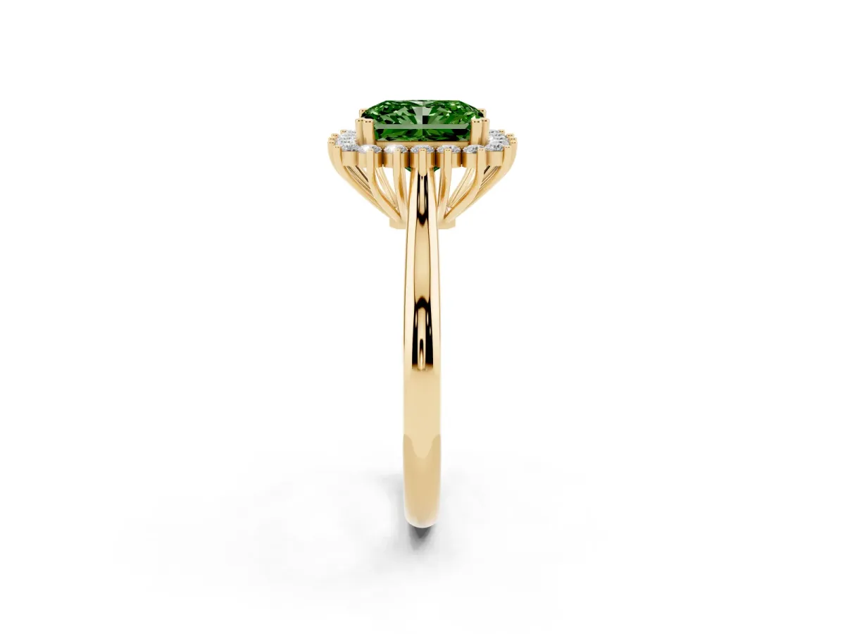 Fancy Green Radiant Cut Cut Diamond Halo Ring with Solitaire Band and Prong Setting Yellow gold