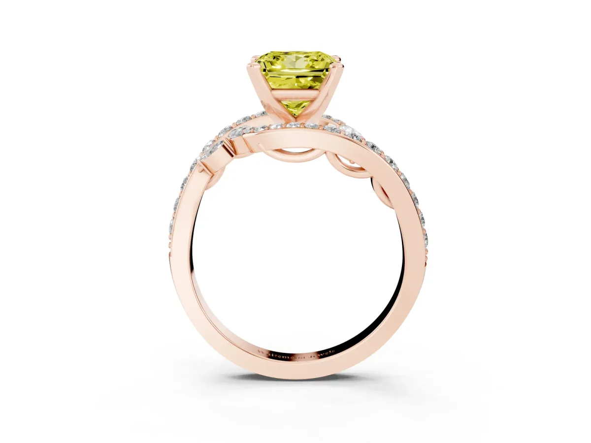 Fancy Yellow Princess Cut Solitaire with Pavé Twist Band and Four-Prong Setting Rose gold
