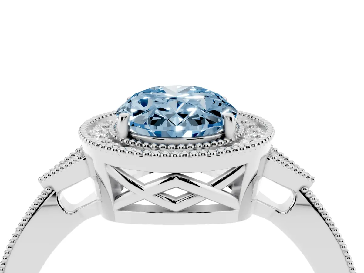 Fancy Blue Oval Cut Halo Round Diamond Milgrain Pave Engagement Ring Silver