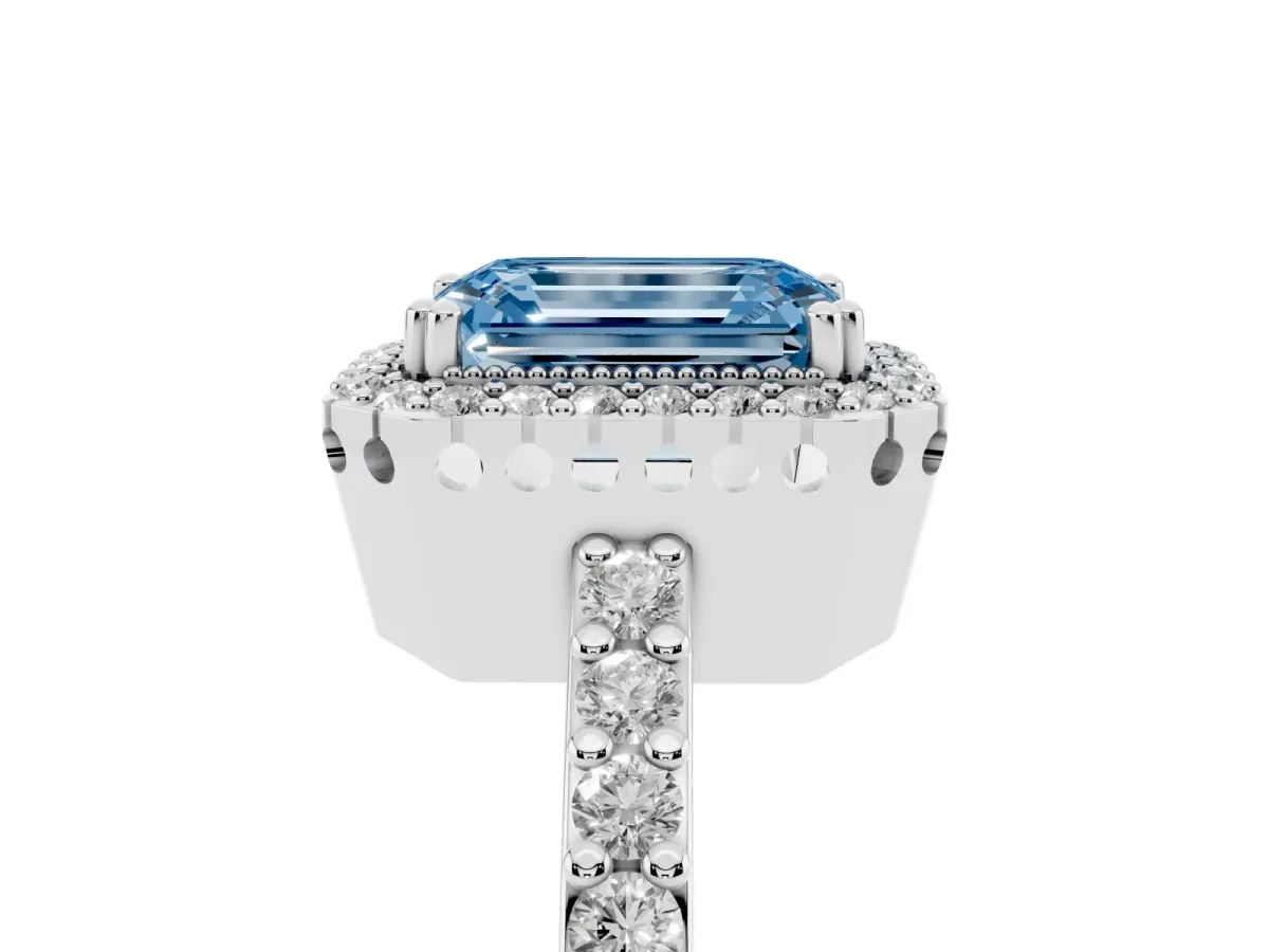 Fancy Blue Emerald Cut Cut Diamond Halo Engagement Ring with Milgrain Detail and Pavé Band White gold