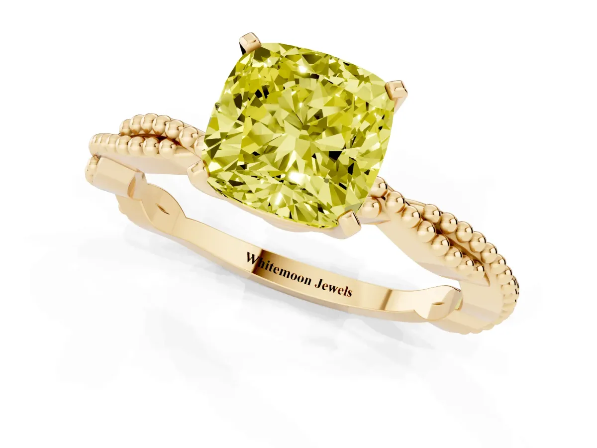 Fancy Yellow Cushion Cut Solitaire Twisted Band with Bead Prong Setting Yellow gold